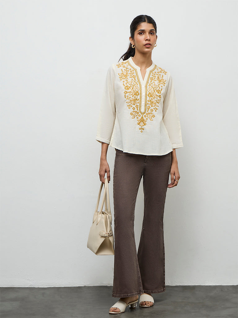 Utsa Off-White Floral Embroidered Cotton Tunic