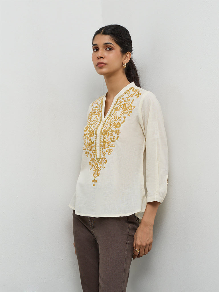 Utsa Off-White Floral Embroidered Cotton Tunic