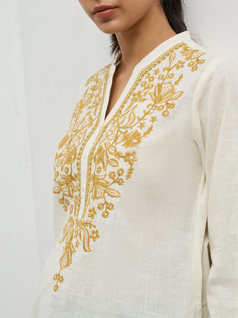 Utsa Off-White Floral Embroidered Cotton Tunic