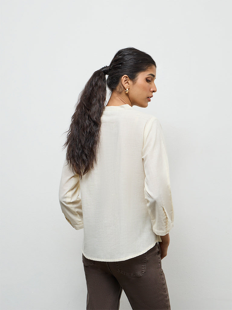 Utsa Off-White Floral Embroidered Cotton Tunic