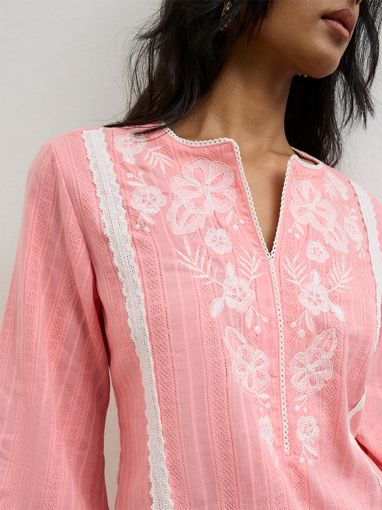 Utsa Pink Floral Embroidered Cotton Tunic