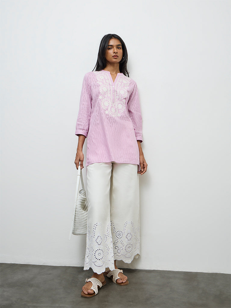 Utsa Lilac Floral Embroidered Cotton-Blend Kurti
