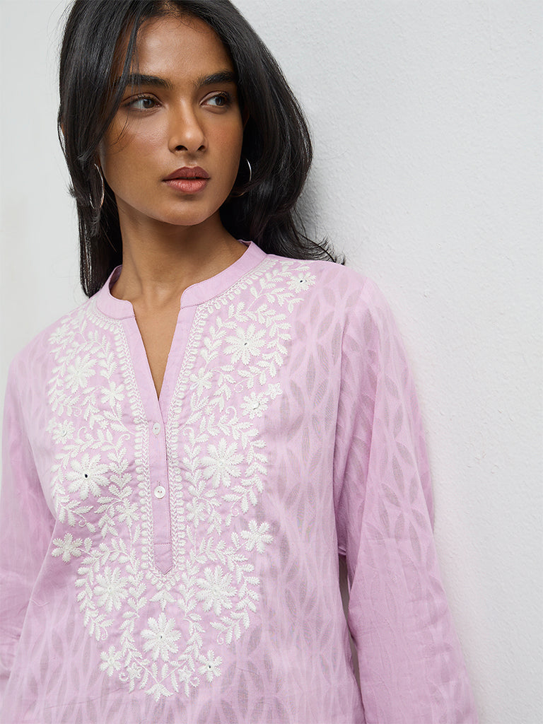 Utsa Lilac Floral Embroidered Cotton-Blend Kurti