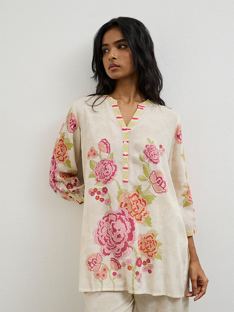 Utsa Off-White Floral Printed Kurti