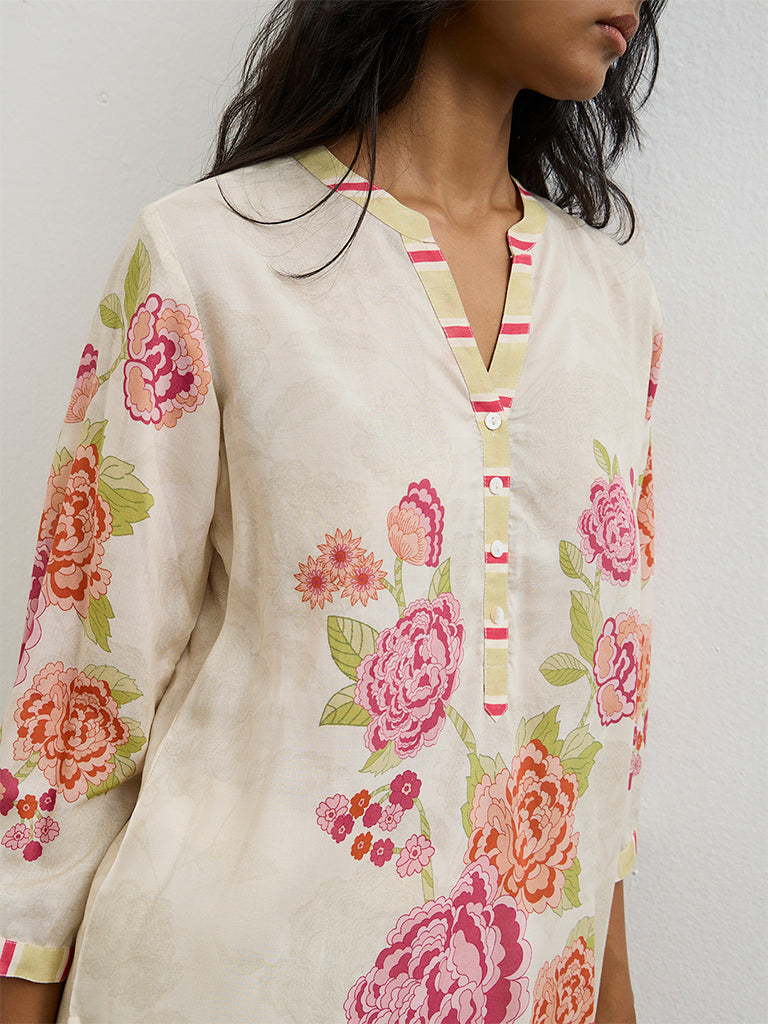 Utsa Off-White Floral Printed Kurti