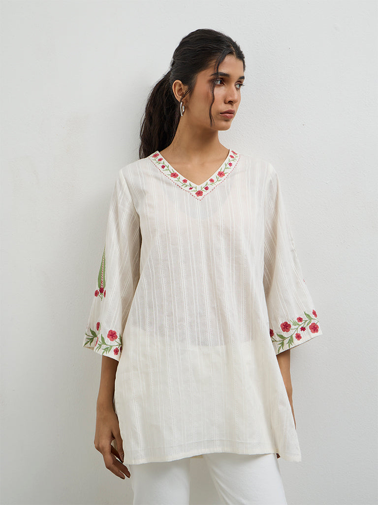 Utsa Off-White Floral Embroidered Cotton Kurti