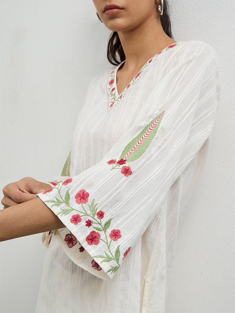 Utsa Off-White Floral Embroidered Cotton Kurti