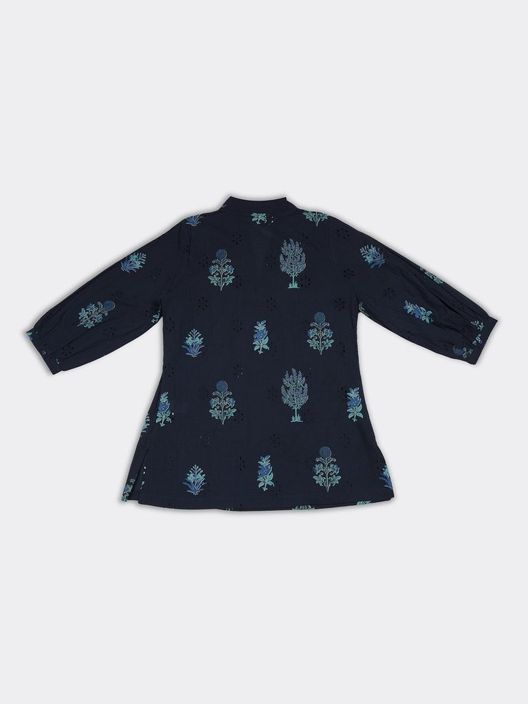 Utsa Navy Floral Printed Cotton Tunic