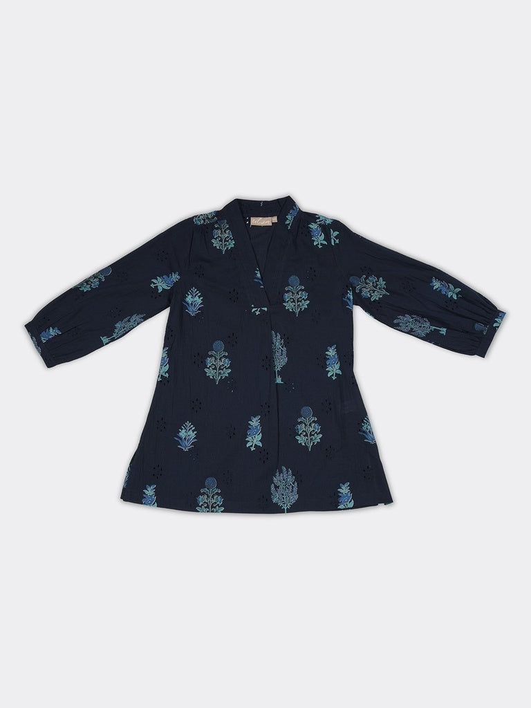 Utsa Navy Floral Printed Cotton Tunic
