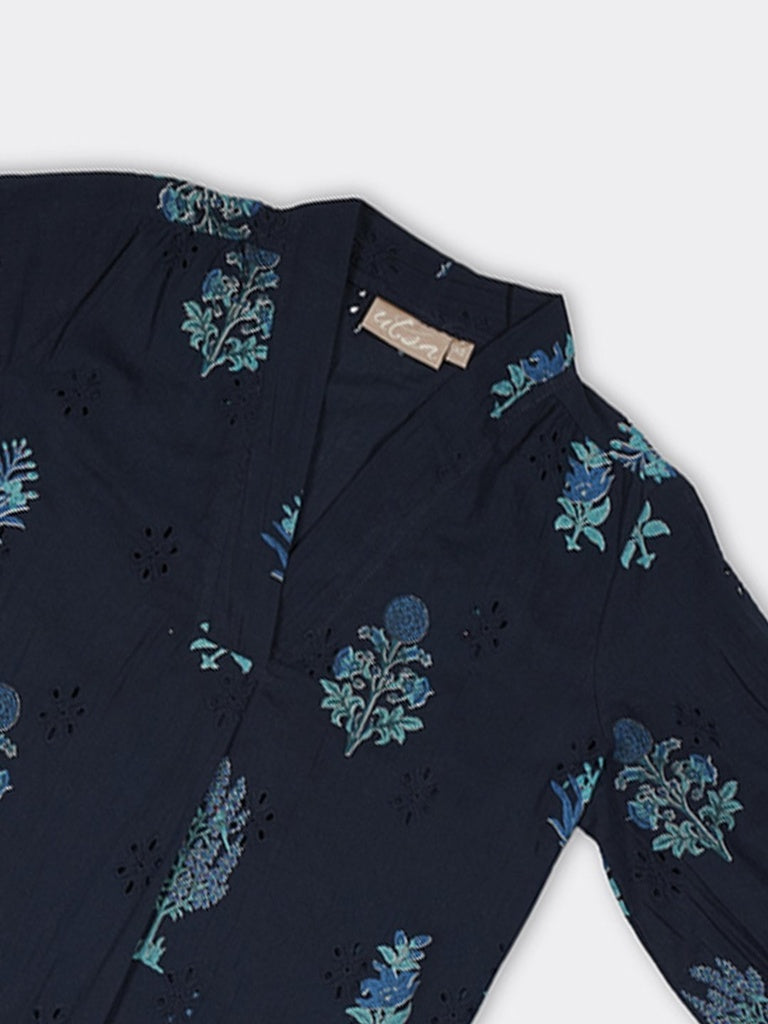 Utsa Navy Floral Printed Cotton Tunic