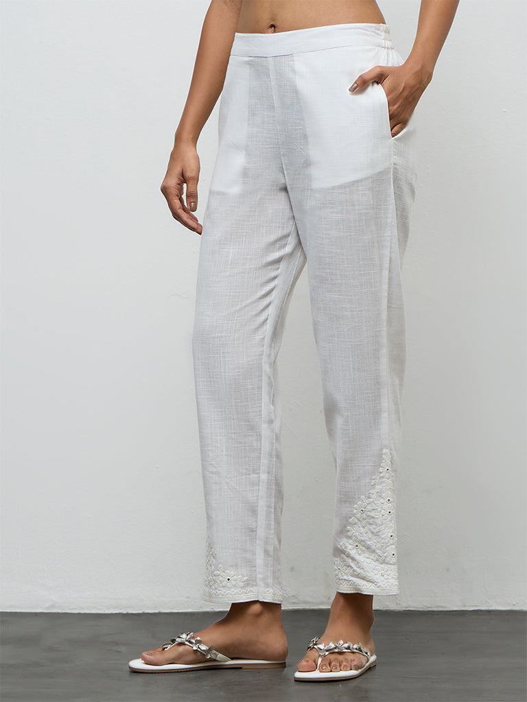 Utsa White Floral Embroidered Cotton Slim Pants