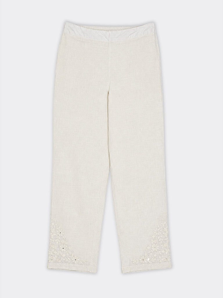 Utsa White Floral Embroidered Cotton Slim Pants