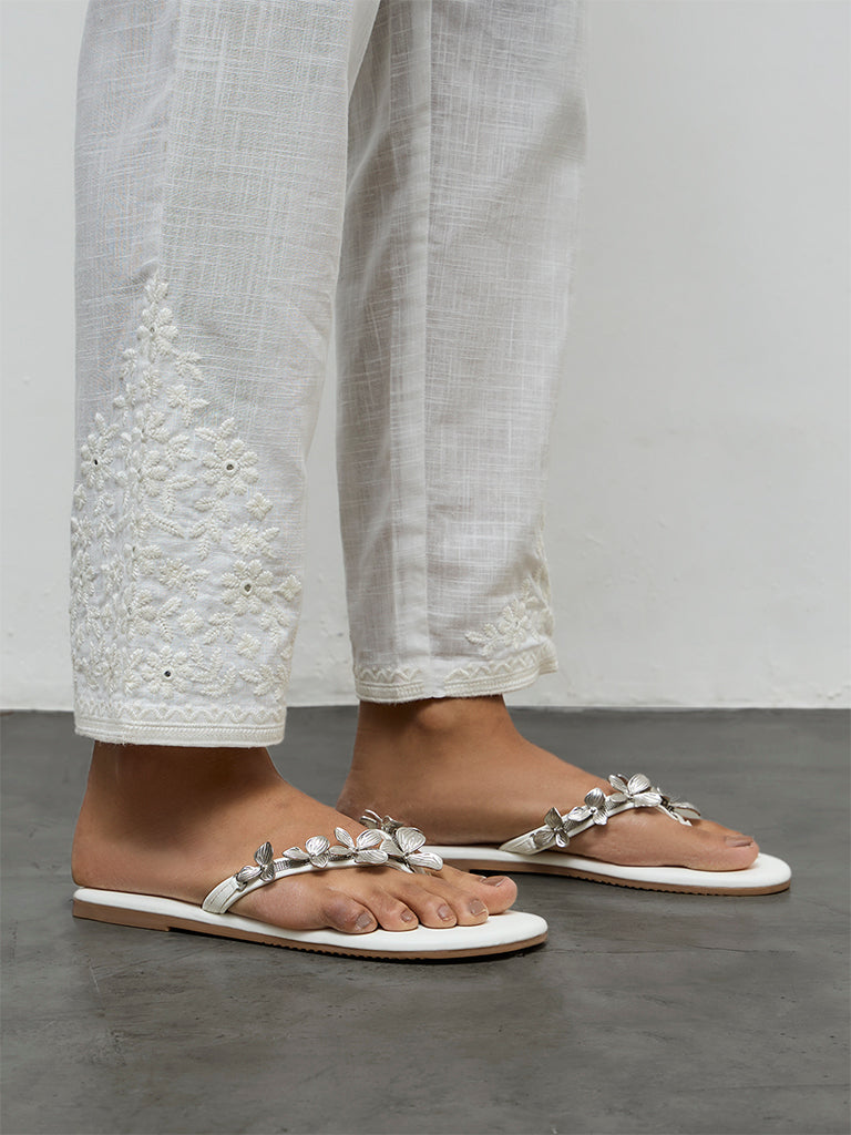 Utsa White Floral Embroidered Cotton Slim Pants