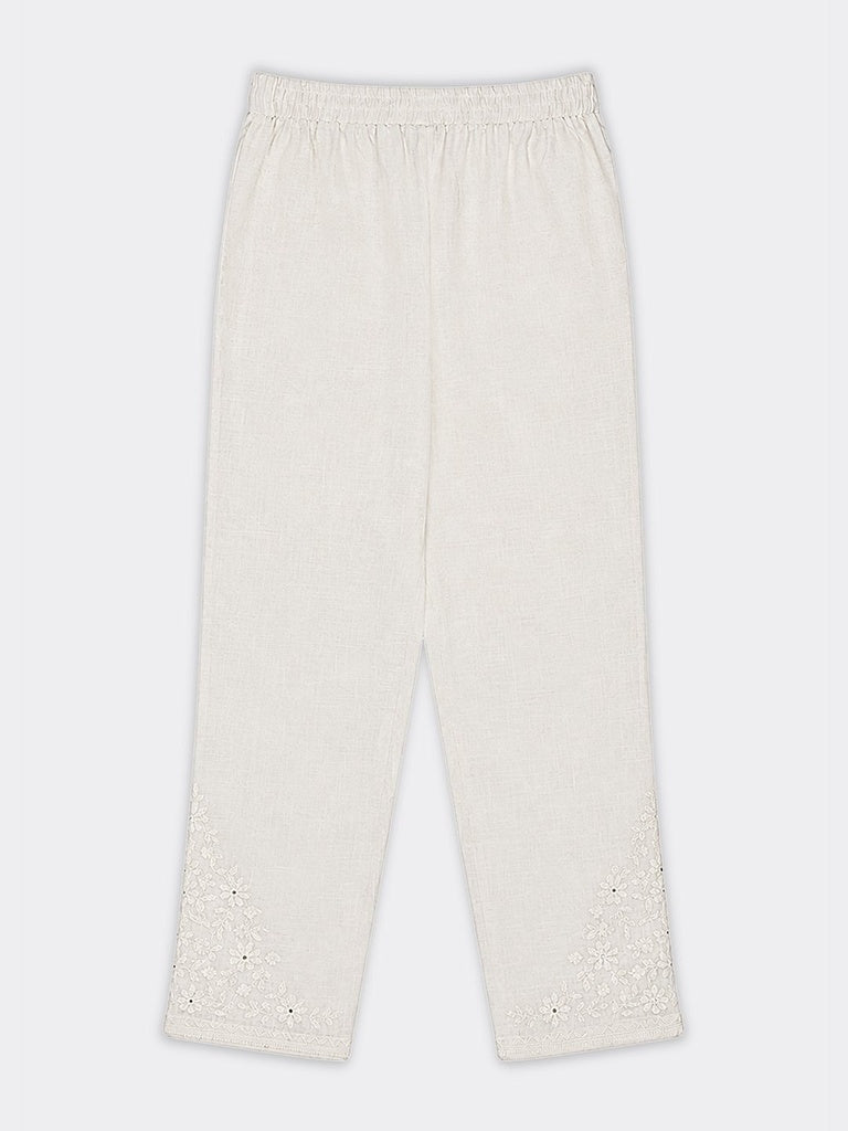 Utsa White Floral Embroidered Cotton Slim Pants