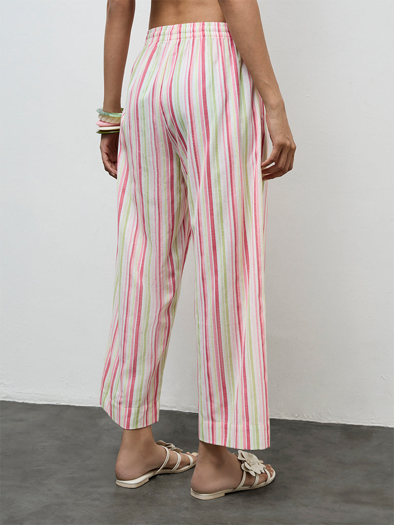 Utsa Pink Striped Cotton-Blend Pants