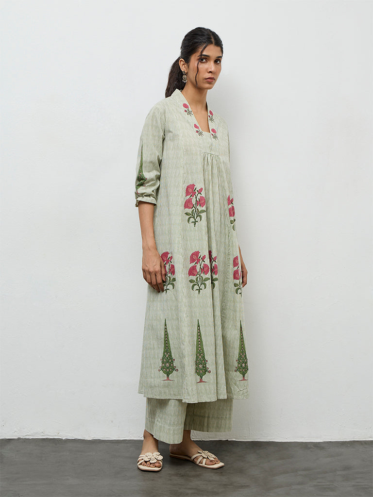 Utsa Green Striped Cotton Pants