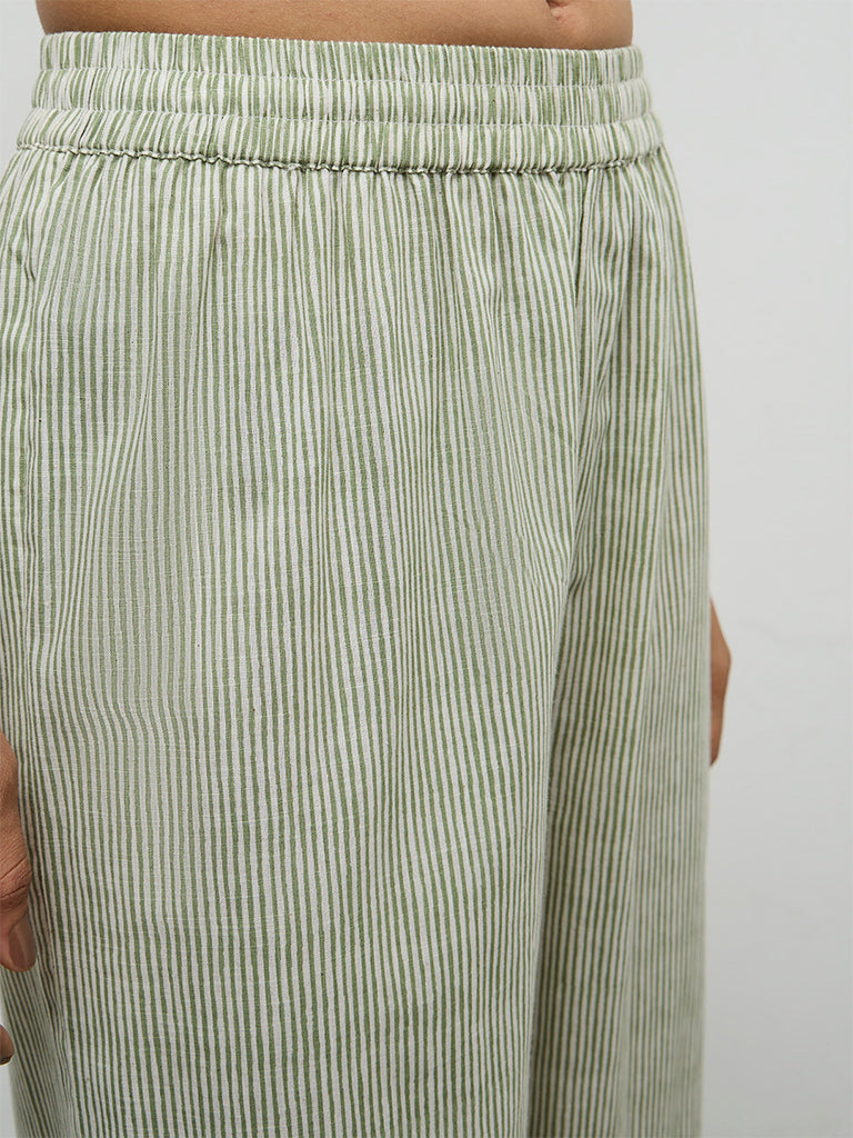 Utsa Green Striped Cotton Pants