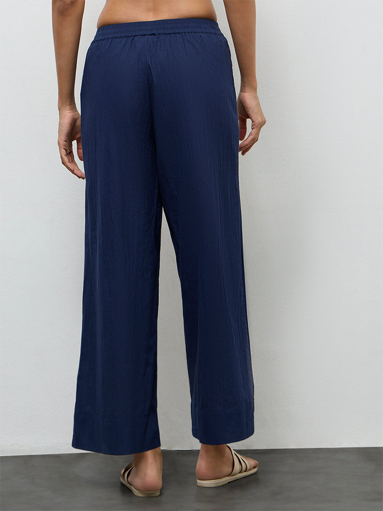 Buy Utsa Navy Crinkle-Textured Cotton Pants from Westside