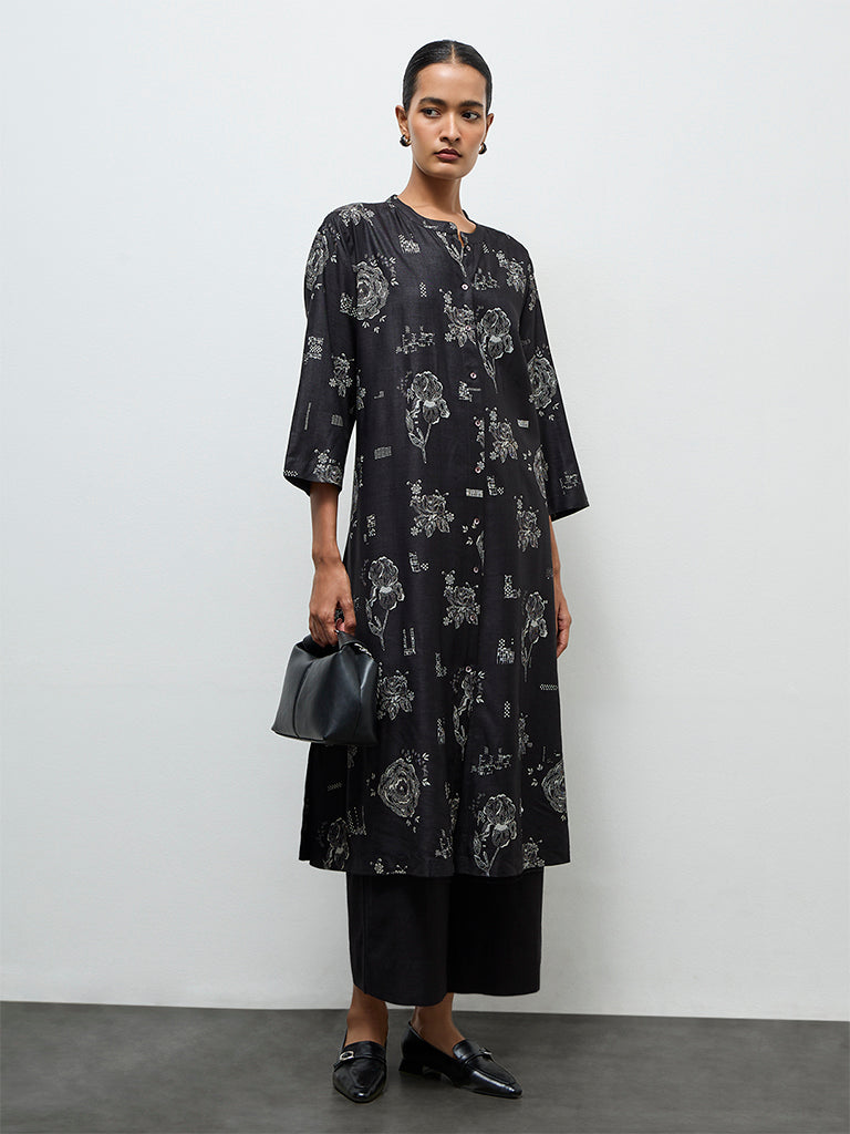 Zuba Black Solid Silk Blend Pants