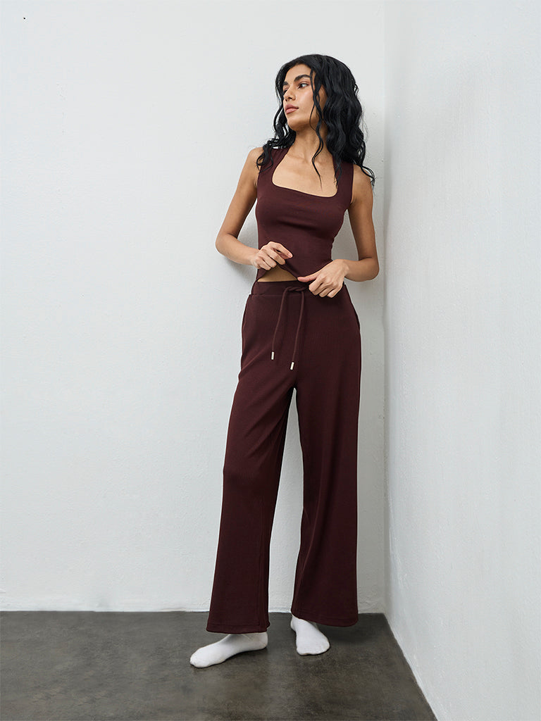 Superstar Dark Brown Ribbed-Textured High-Rise Cotton-Blend Pants