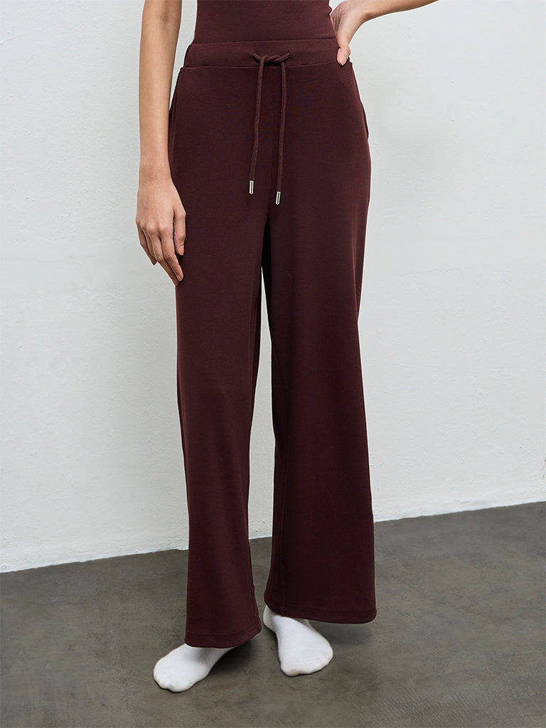 Superstar Dark Brown Ribbed-Textured High-Rise Cotton-Blend Pants