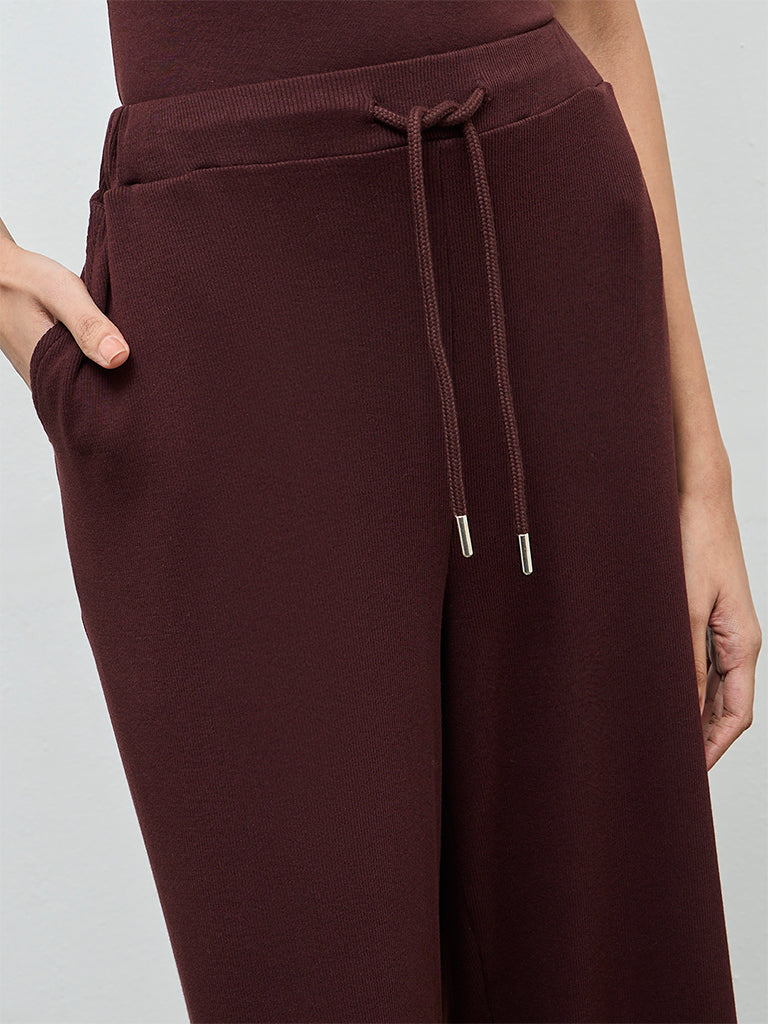 Superstar Dark Brown Ribbed-Textured High-Rise Cotton-Blend Pants