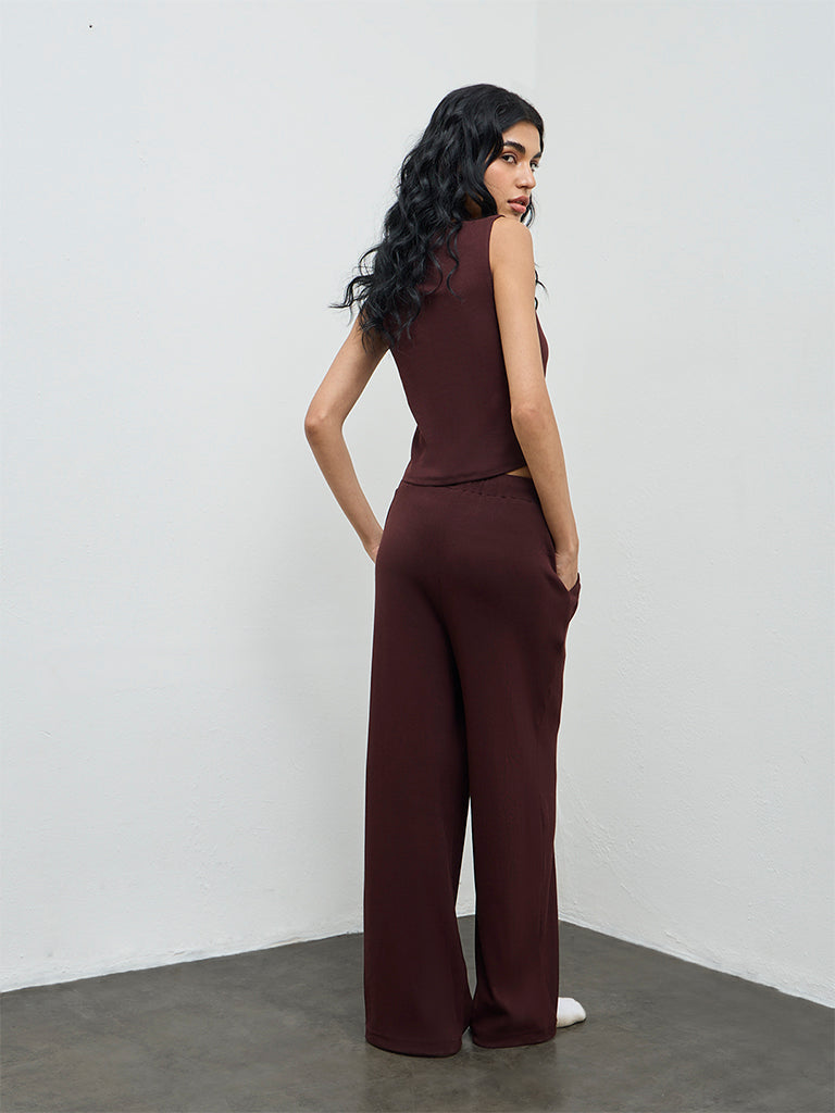 Superstar Dark Brown Ribbed-Textured High-Rise Cotton-Blend Pants