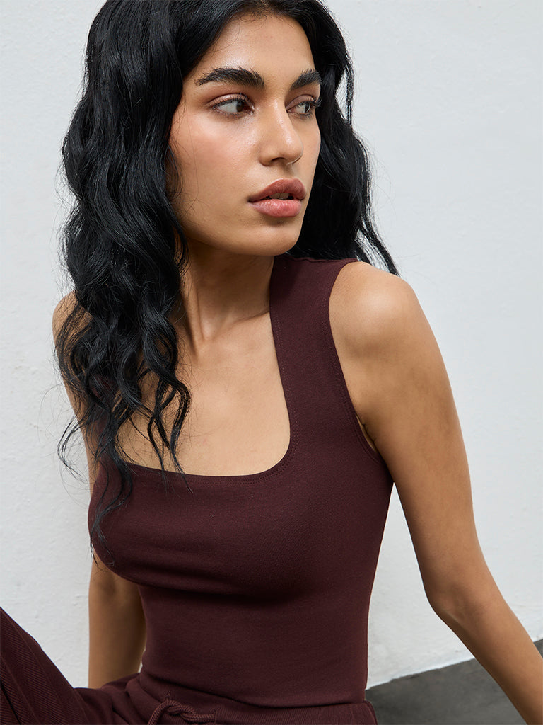 Superstar Dark Brown Solid Cotton-Blend Tank Top