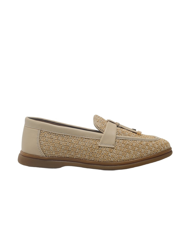 LUNA BLU Beige Natural Woven Rafia Penny Trim Loafers