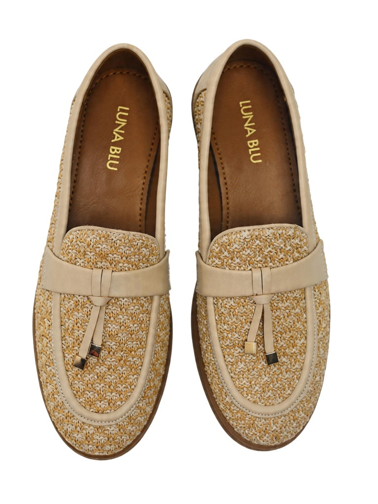 LUNA BLU Beige Natural Woven Rafia Penny Trim Loafers