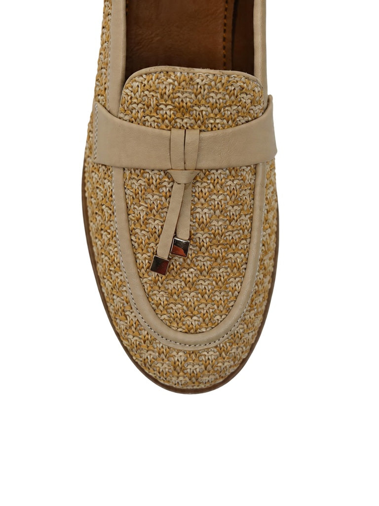 LUNA BLU Beige Natural Woven Rafia Penny Trim Loafers