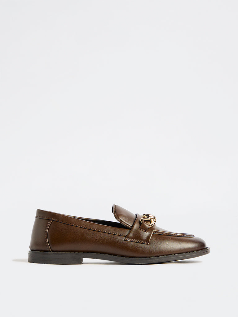 LUNA BLU Brown Metal-Detail Loafers