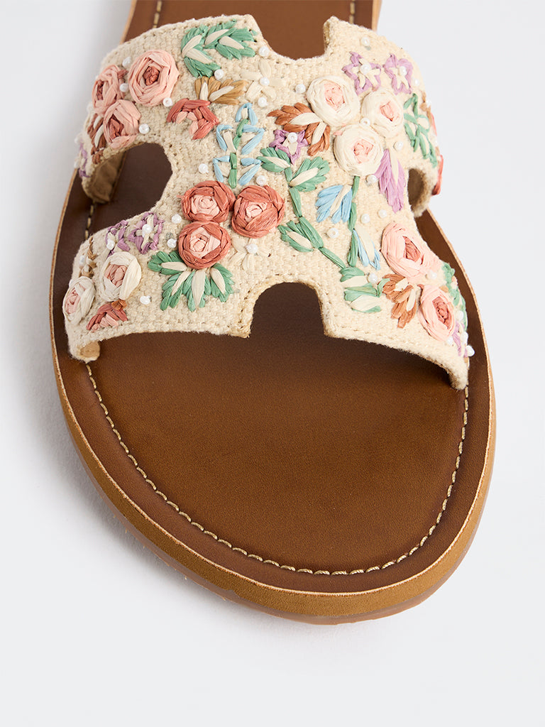 LUNA BLU Ivory Floral Embroidered Slides