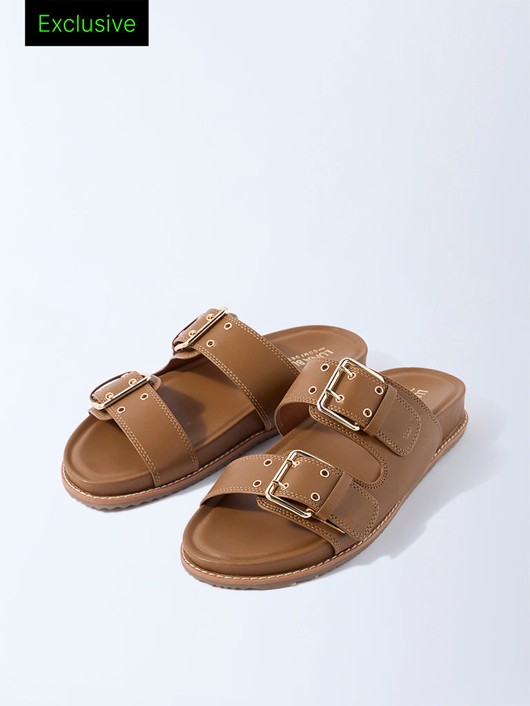 LUNA BLU Tan Buckle-Detail Comfort Sandals