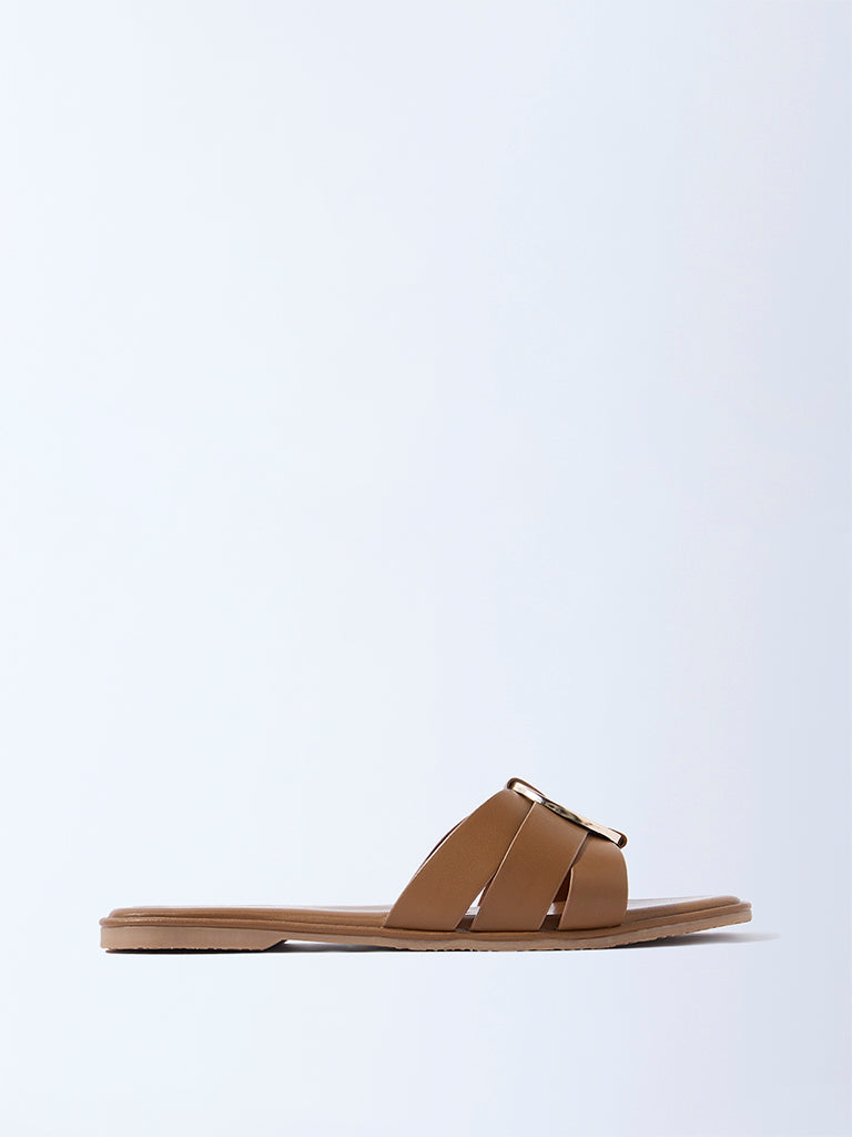 LUNA BLU Tan Circular-Detail Multi-Strap Slides