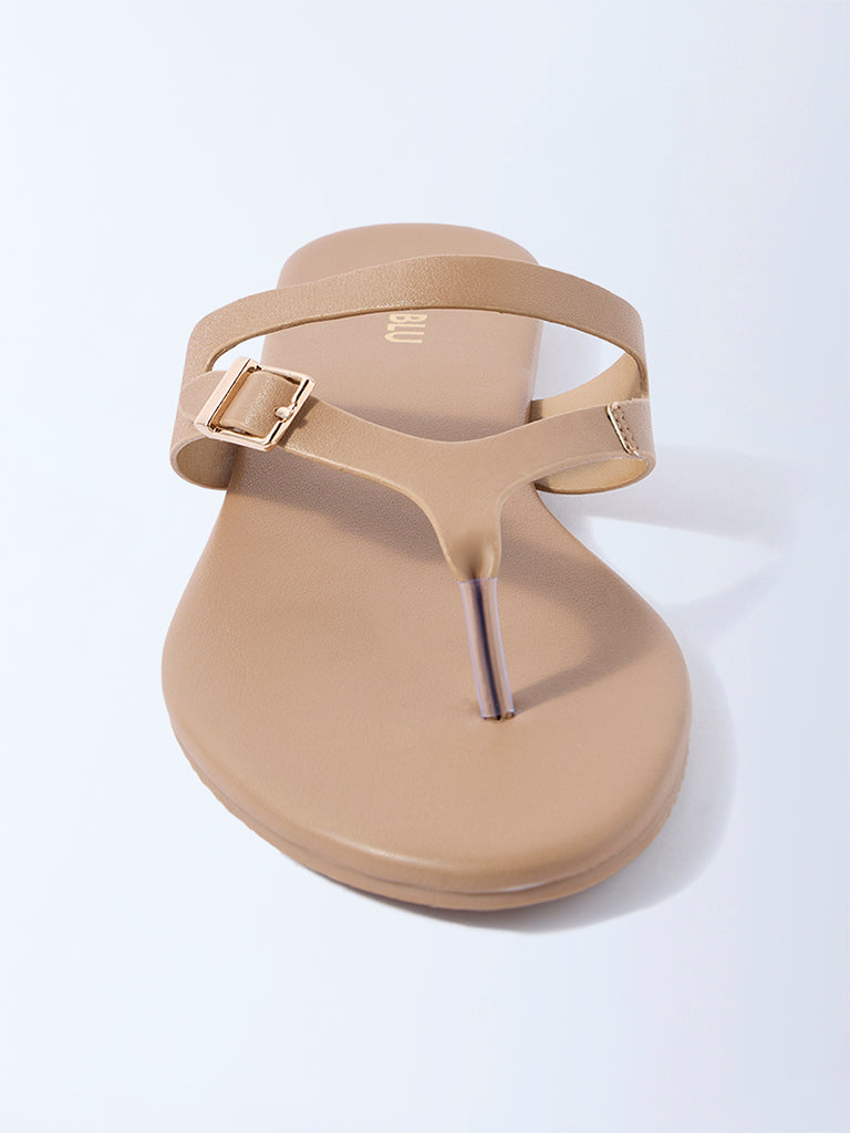 LUNA BLU Dark Beige Buckle-Detail Thong Strap Sandals