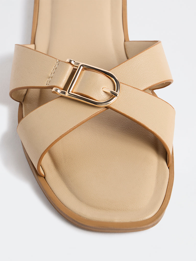 LUNA BLU Cream Cross-Strap Buckle-Detail Slides