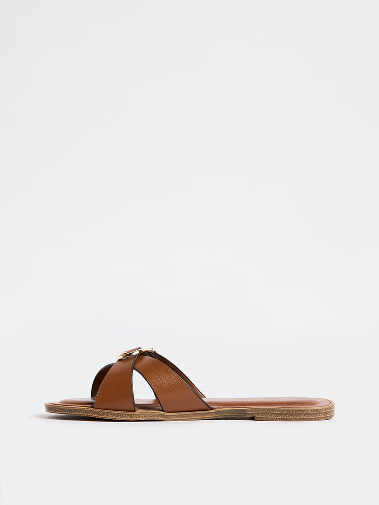 LUNA BLU Tan Buckle-Detail Criss-Cross Strap Slides