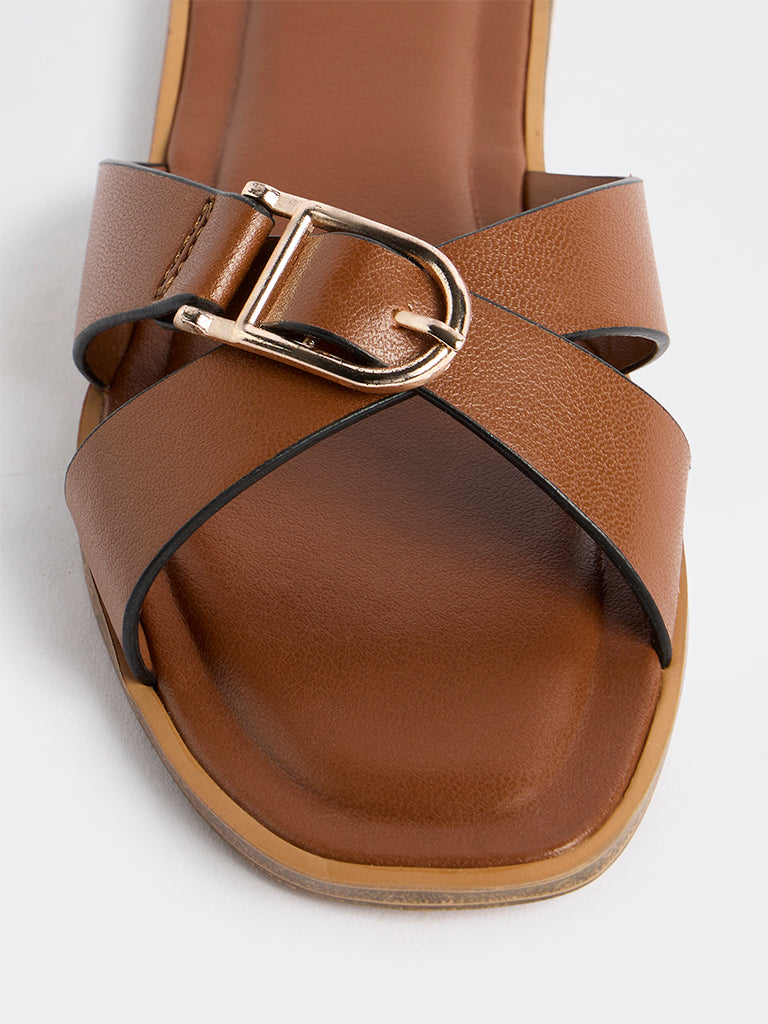 LUNA BLU Tan Buckle-Detail Criss-Cross Strap Slides