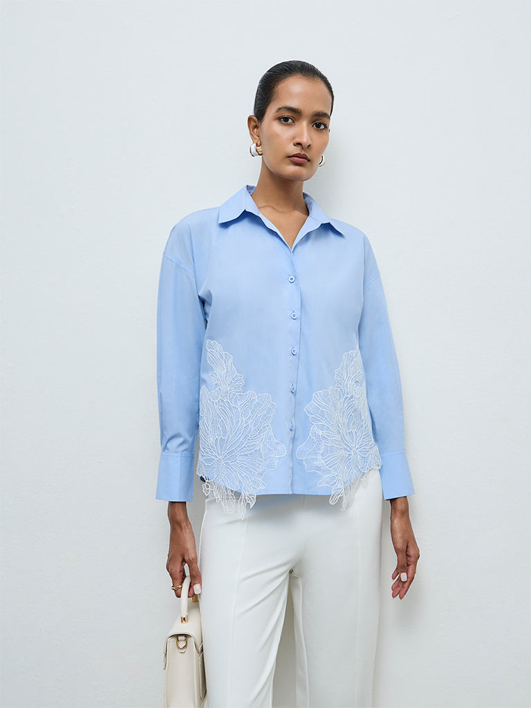 Wardrobe Blue Floral Embroidered Cotton Shirt