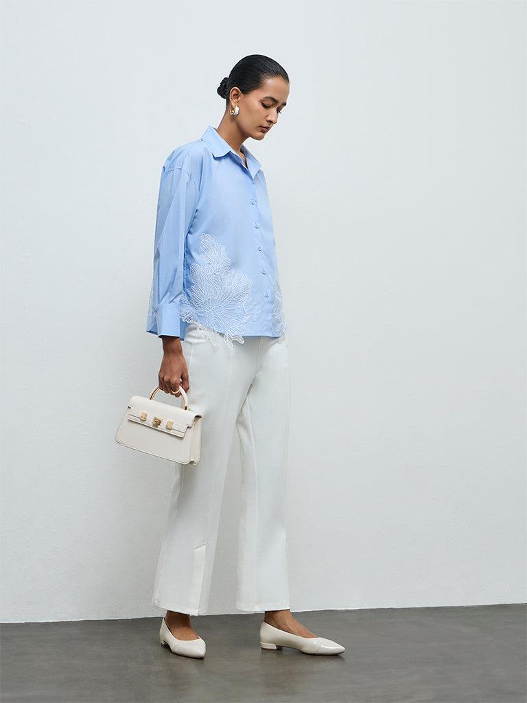 Wardrobe Blue Floral Embroidered Cotton Shirt