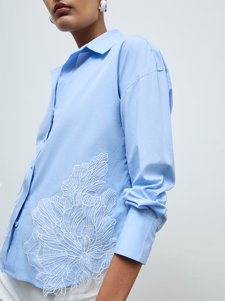Wardrobe Blue Floral Embroidered Cotton Shirt
