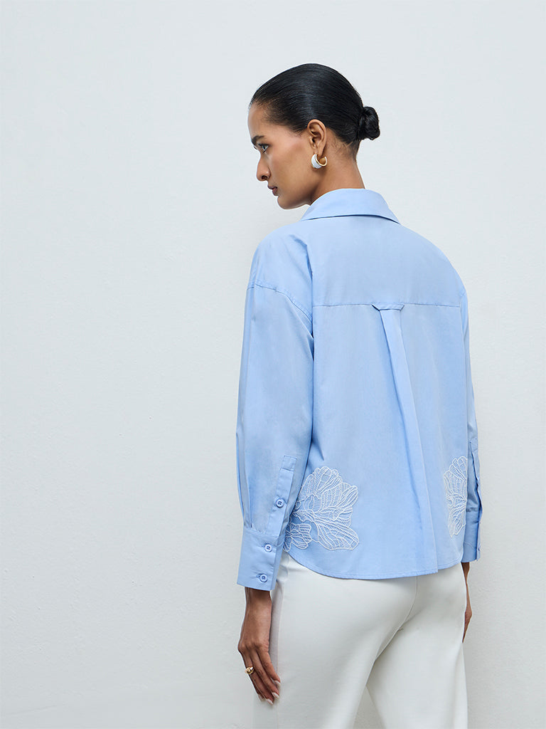 Wardrobe Blue Floral Embroidered Cotton Shirt
