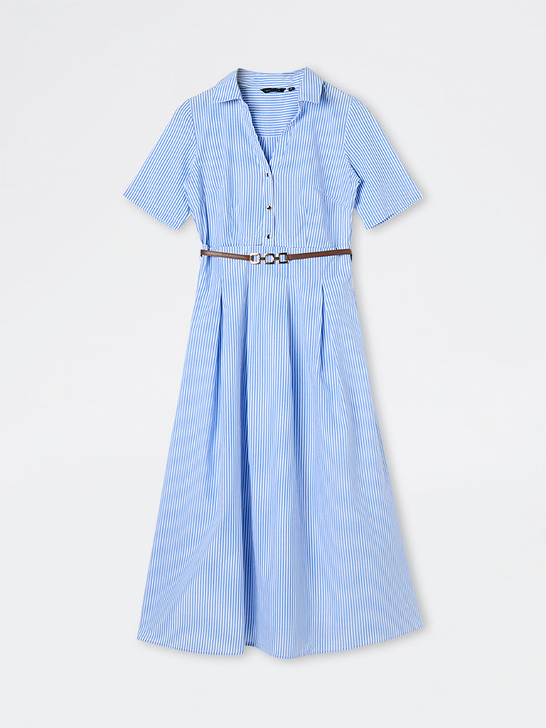 Buy Wardrobe Blue Striped Cotton A-Line Dress with Belt from Westside Buy Wardrobe Blue Striped Cotton A-Line Dress with Belt from Westside