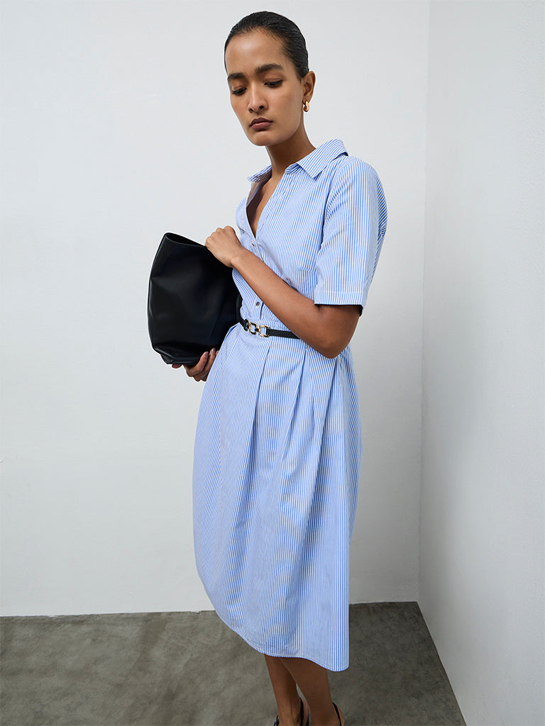 Wardrobe Blue Striped Cotton A-Line Dress with Belt