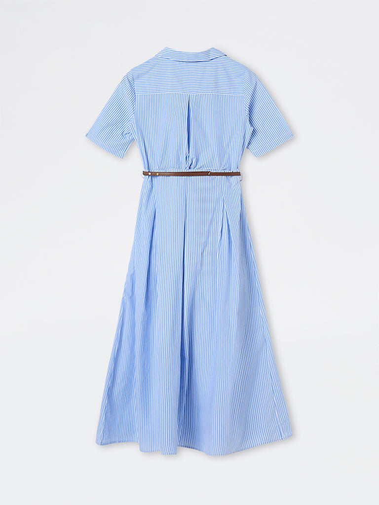 Buy Wardrobe Blue Striped Cotton A-Line Dress with Belt from Westside