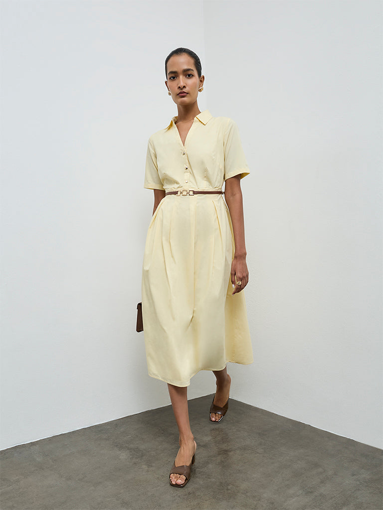 Wardrobe Yellow Solid Cotton A-Line Dress with Belt
