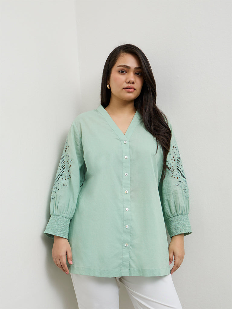 Gia Mint Embroidered Cotton Blouse