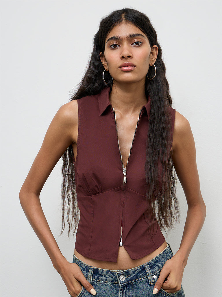 Nuon Brown Corset-Inspired Cotton Top