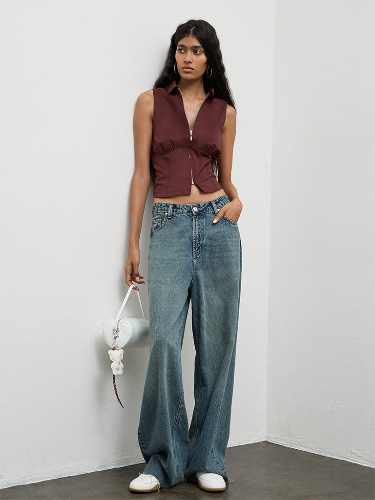 Nuon Brown Corset-Inspired Cotton Top